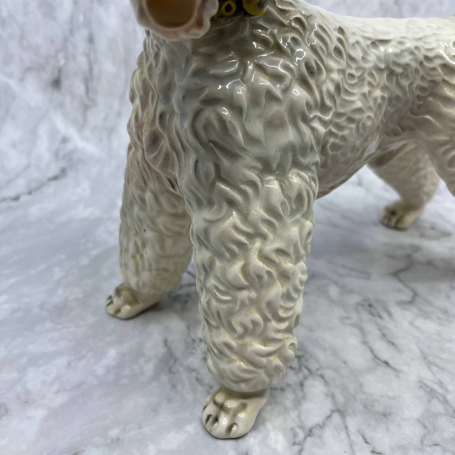 Vintage Large Porcelain Poodle Dog Figurine White w/ Brown Collar 10.5x9.25 TI9