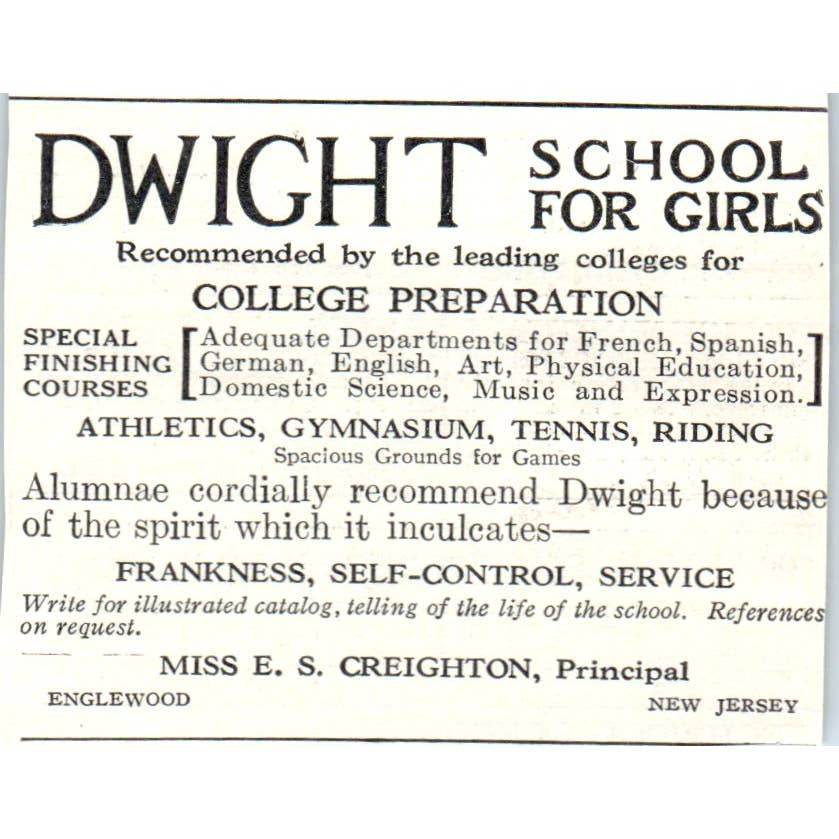 c1920 Harper's Ad - Dwight School for Girls Miss Creighton Englewood EA3-2