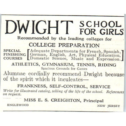 c1920 Harper's Ad - Dwight School for Girls Miss Creighton Englewood EA3-2