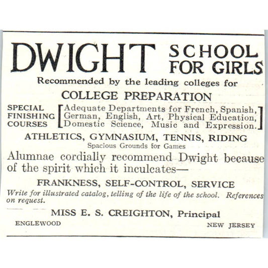 c1920 Harper's Ad - Dwight School for Girls Miss Creighton Englewood EA3-2