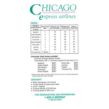 1994 Chicago Express Airlines New Des Moines Service Timetable Brochure SE4