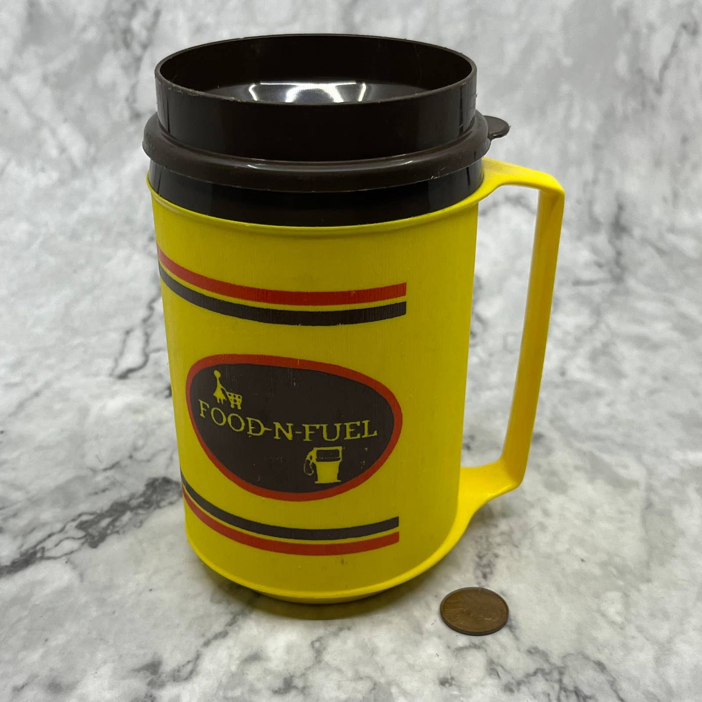 Retro Food-n-Fuel Aladdin Travel Mug Coffee Cup Thermos Brown Yellow TK1