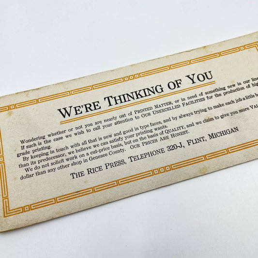 1910s Blotter Card The Rice Press Thinking of You Flint MI SC8