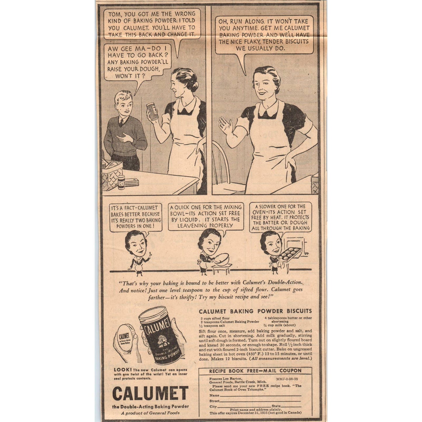1935 Minneapolis Journal Newspaper Ad Calumet Baking Powder Comic Strip FL5-2