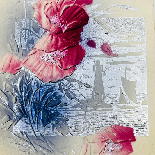 1910s Birthday Post Card Embossed Airbrushed Flowers Sailboat Lighthouse PA5