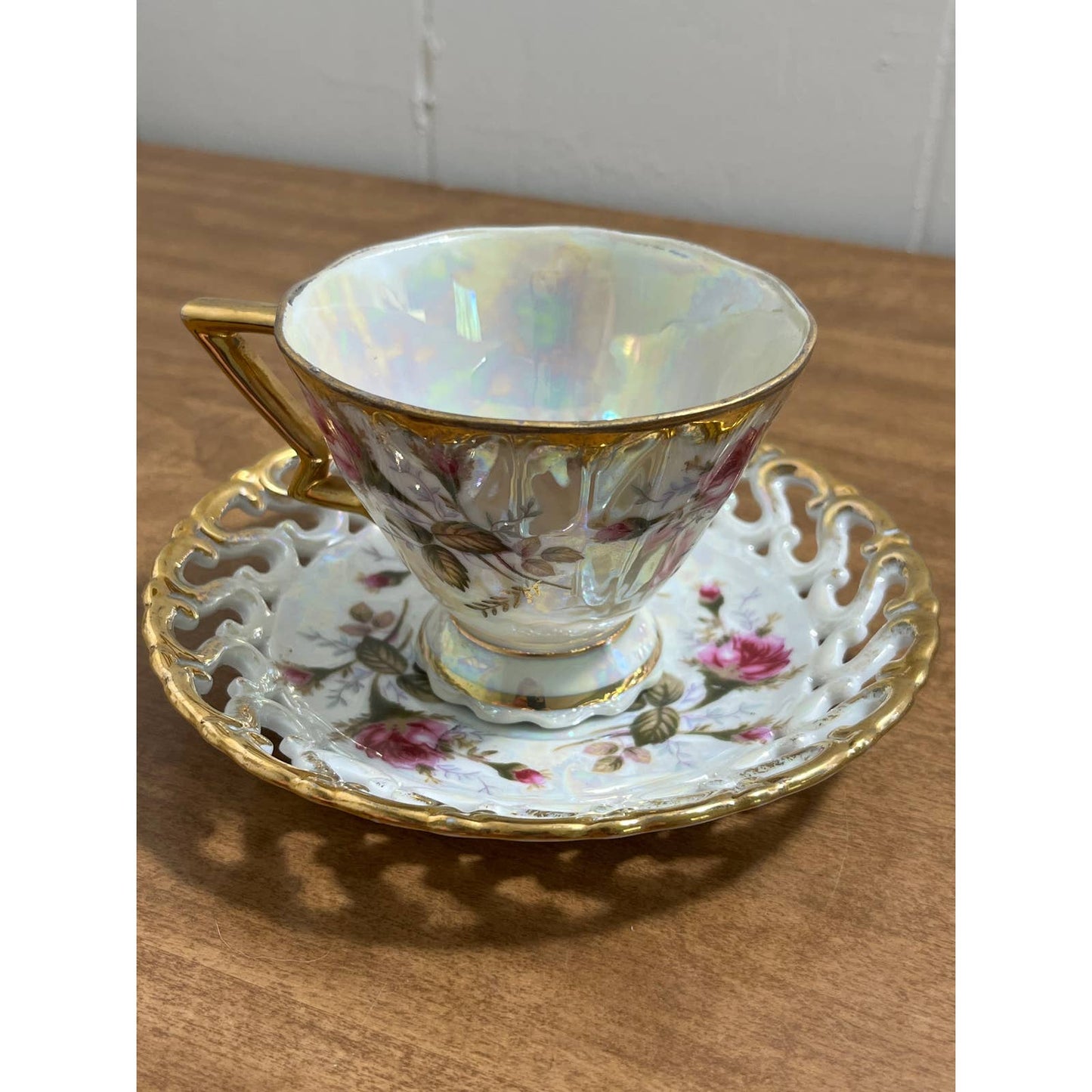 1950s MCM Royal Sealy Pink Rose Iridescent Porcelain Tea Cup & Saucer TG7