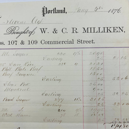 1876 W & CR Milliken Portland ME Falmouth Hotel Stamp Billhead Letterhead AA4