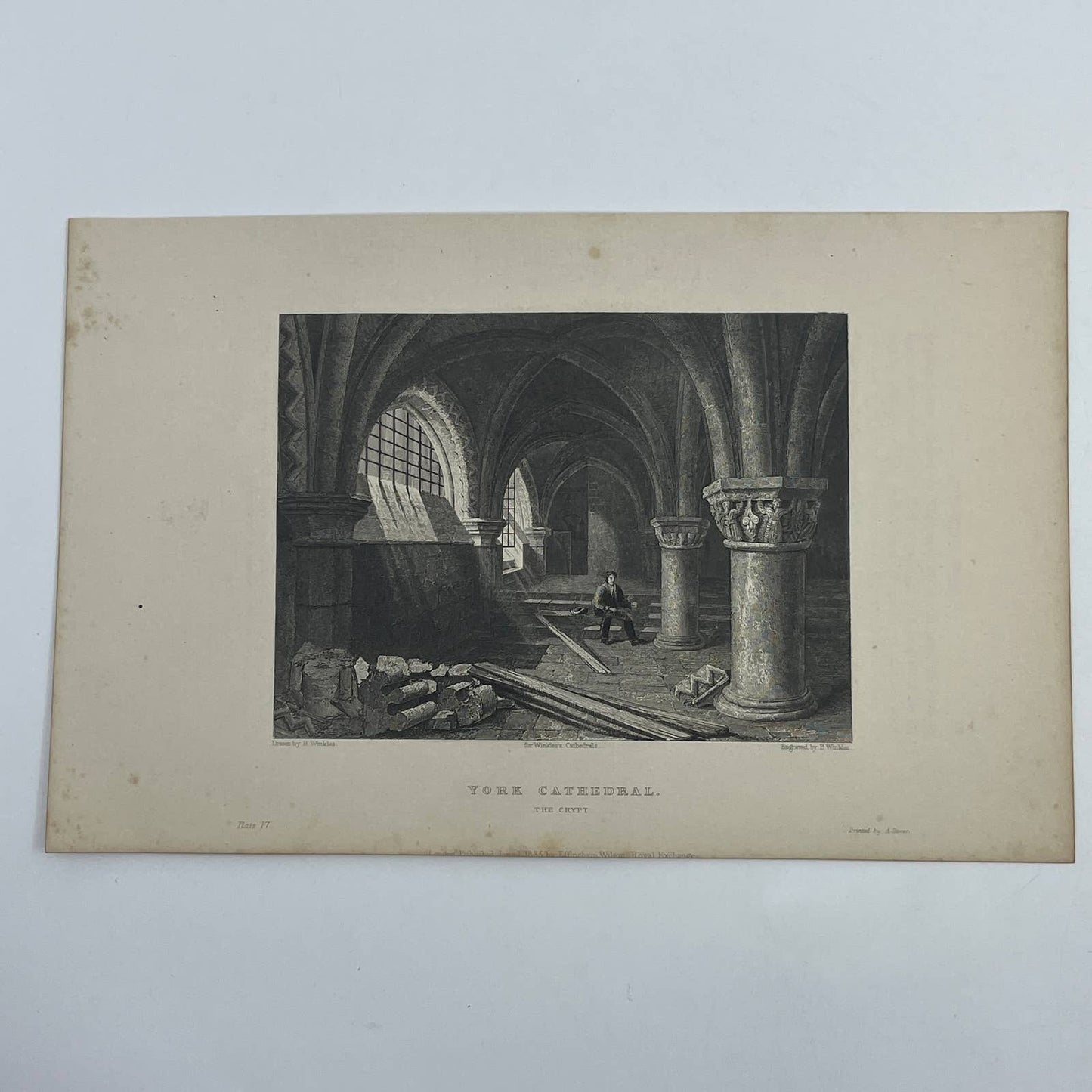 1836 Original Art Engraving York Cathedral View of the Crypt AC6