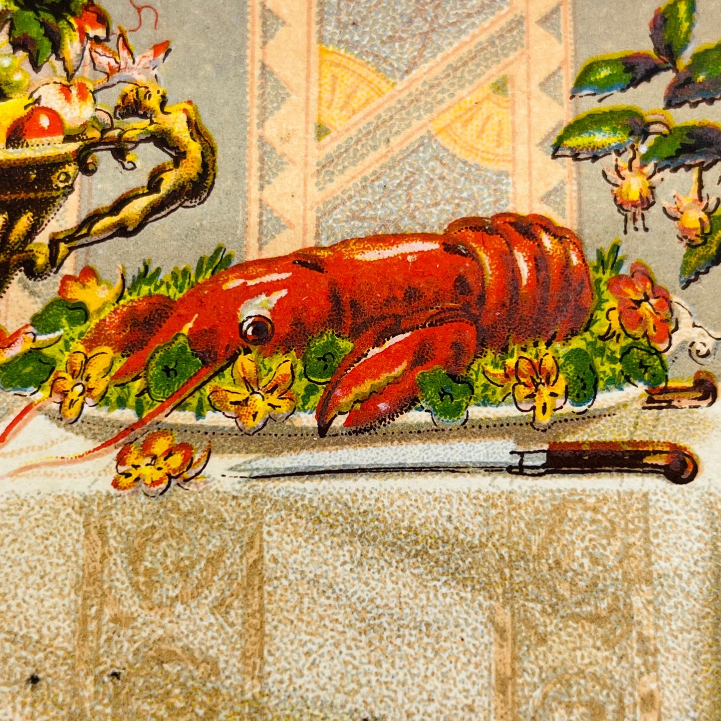1880s Victorian Greeting Card Lobster Dinner Table Party Oysters Seafood AA2
