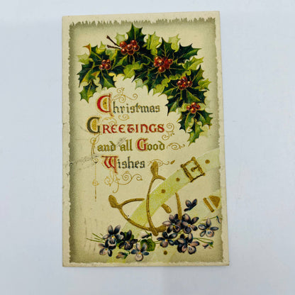 1910s Christmas Post Card WINSCH Back Embossed Belt Wishbone Dresden Holly PA4