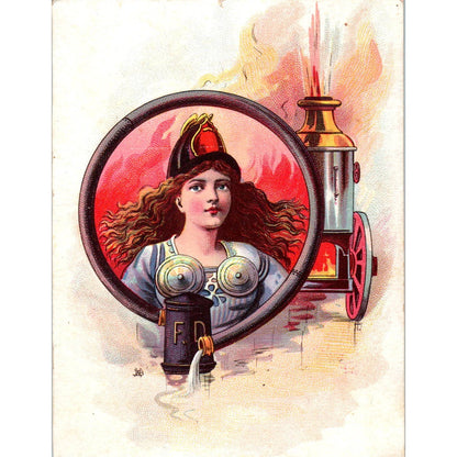 1880s Victorian Trade Card Woman Firefighter and Fire Wagon SF2