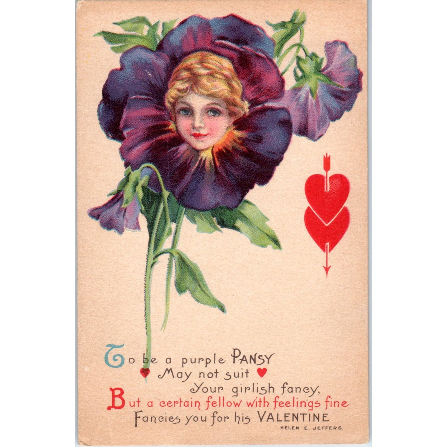 Valentine Face in Flower Purple Pansy Helen E. Jeffers Original Postcard P1-12