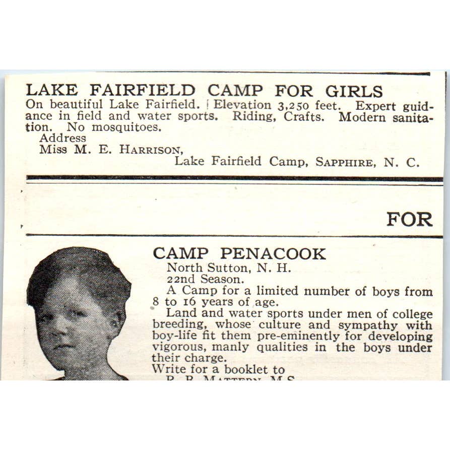 c1920 Harper's Magazine Ad - The Hanoum Camps Thetford VT C.H. Farnsworth EA3-1