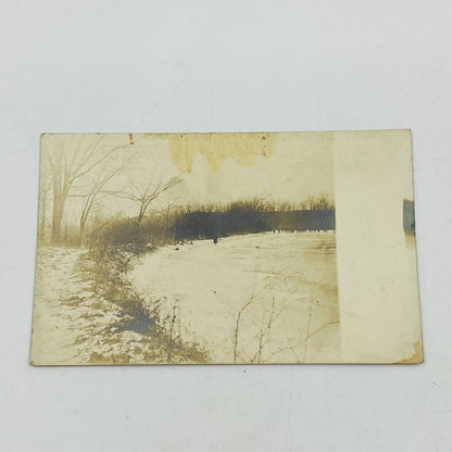 Early 1900s RPPC Portrait People Walking on Frozen Lake in Winter PA9