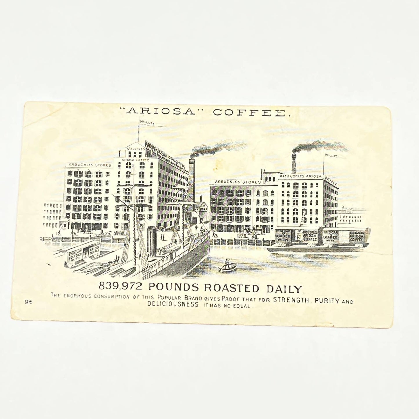 Original 1880s Victorian Trade Card Ariosa Coffee Blue Boy Girl Butterfly AB6