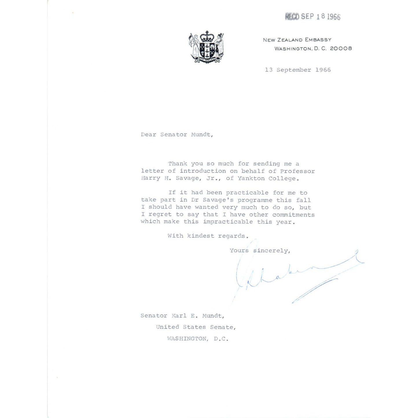 New Zealand Embassy to Senator Mundt Letterhead Memo 1966 TK1-P4