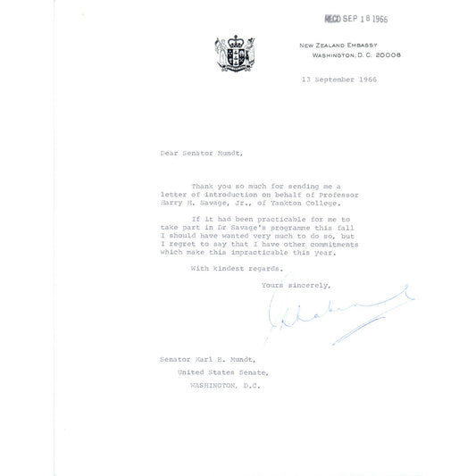 New Zealand Embassy to Senator Mundt Letterhead Memo 1966 TK1-P4