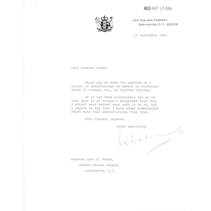 New Zealand Embassy to Senator Mundt Letterhead Memo 1966 B10