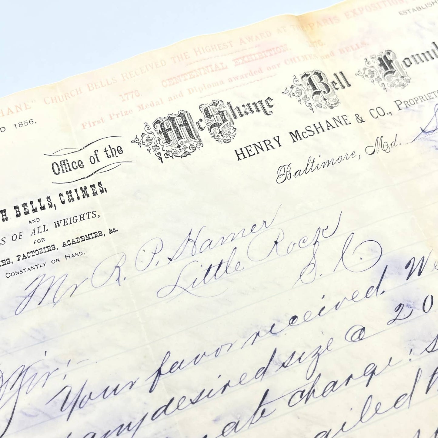1882 Letter Henry McShane Bell Foundry MD to Robert P Hamer Little Rock SC AC2
