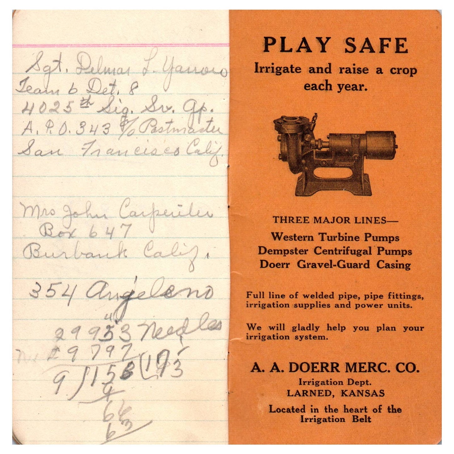 c1920 AA Doerr Mercantile Co Gas Storage Tanks Advertising Notepad Larned KS SE4