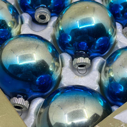 Shiny Brite 12 Vtg 2 5/8" Mercury Glass Ornaments Original Box Blue Ombre TJ9