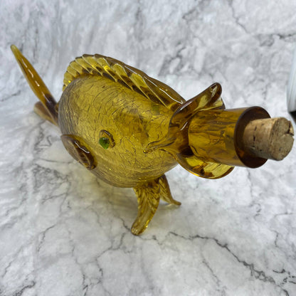 1960s MCM Hand-Blown Golden Honey Amber Crackle Glass Fish Decanter 17.5” TB4