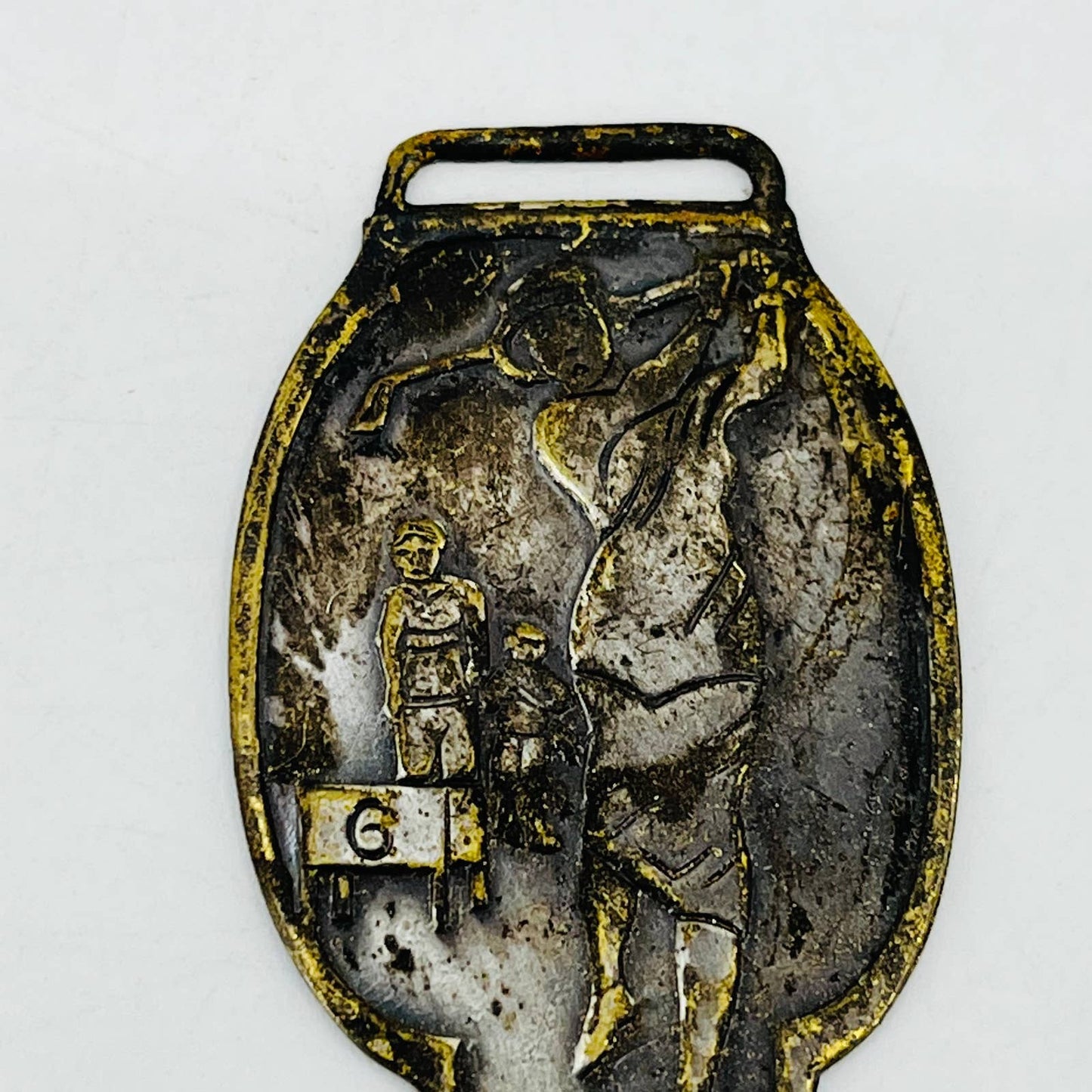 Antique Woman Golfing Metal Brass Golf Bag Tag Medallion Embossed SC3