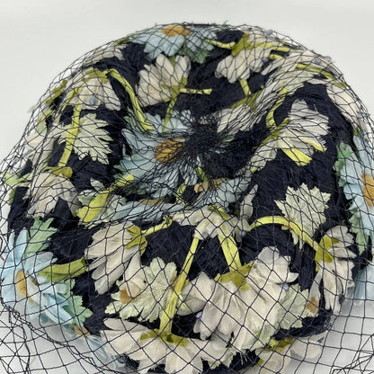 Vintage Woman’s Navy Blue Straw Cocktail Fascinator Pillbox Hat Netting HB1