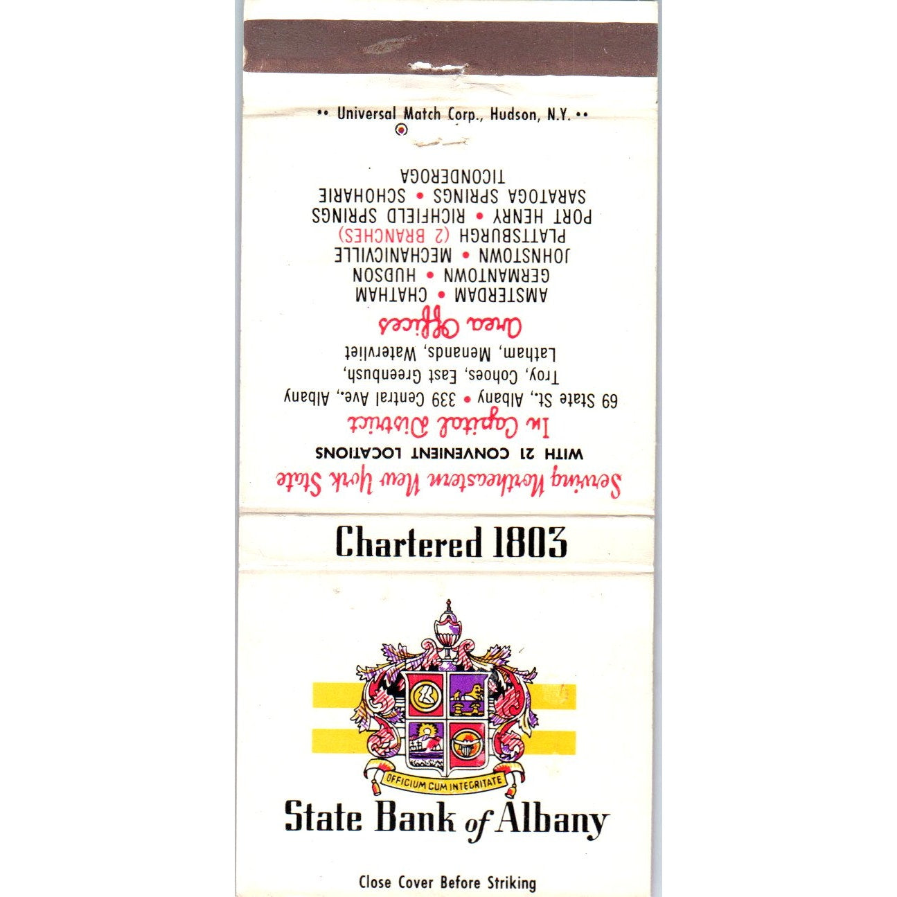 State Bank of Albany New York State Advertising Matchbook Cover MM9-7