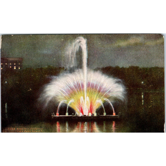 Night View of Electric Fountain City Park Denver CO Original Postcard TK1-29