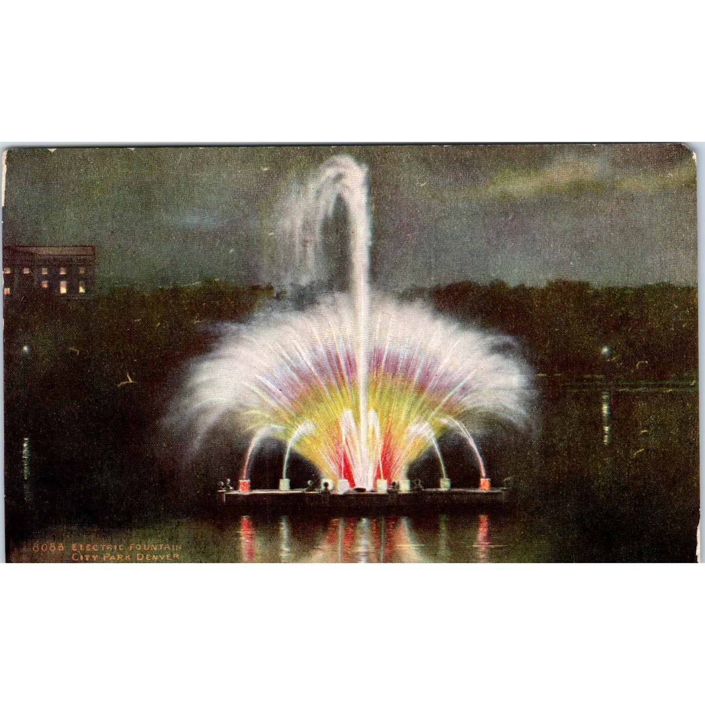 Night View of Electric Fountain City Park Denver CO Original Postcard P1-11