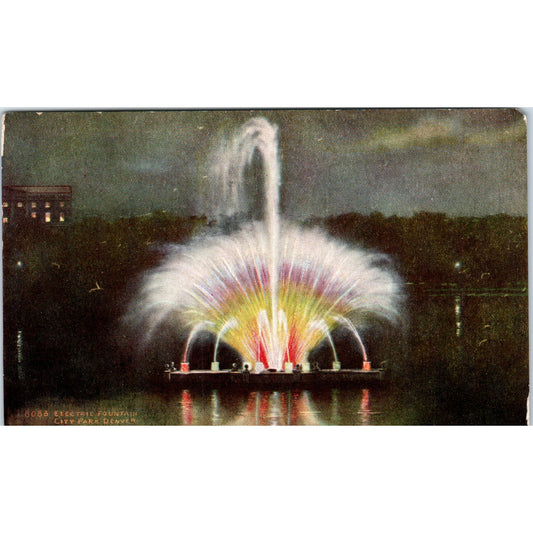 Night View of Electric Fountain City Park Denver CO Original Postcard P1-11