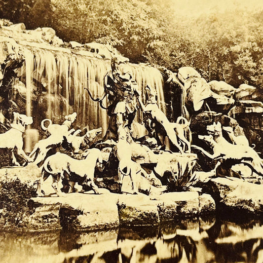 1880s Stereoview Card Statue Actaeon, Caserta waterfall near Naples Italy