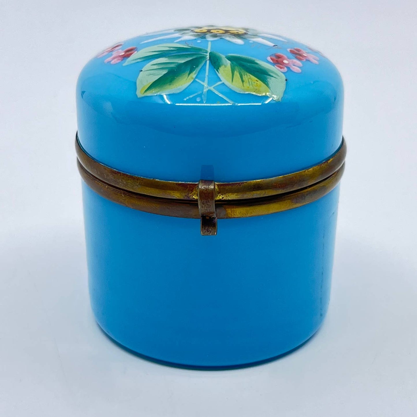 1800s Victorian Blue Bristol Opaline Glass Hand Painted Dresser Box Brass 2” TE6