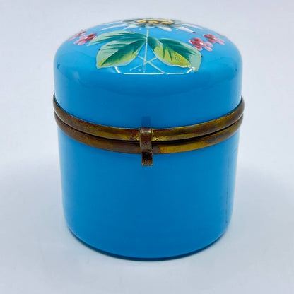 1800s Victorian Blue Bristol Opaline Glass Hand Painted Dresser Box Brass 2” TE6