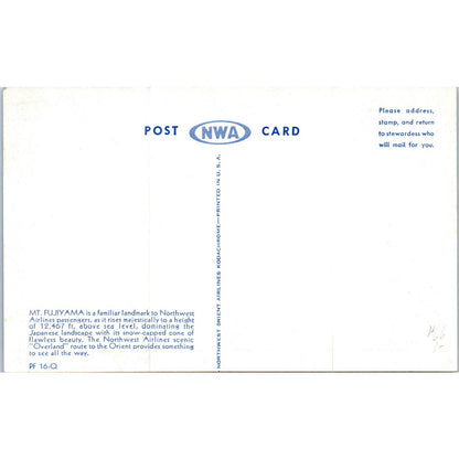 Mt. Fuji From Hakone Lake Northwest Orient Airlines Original Postcard TK1-P20