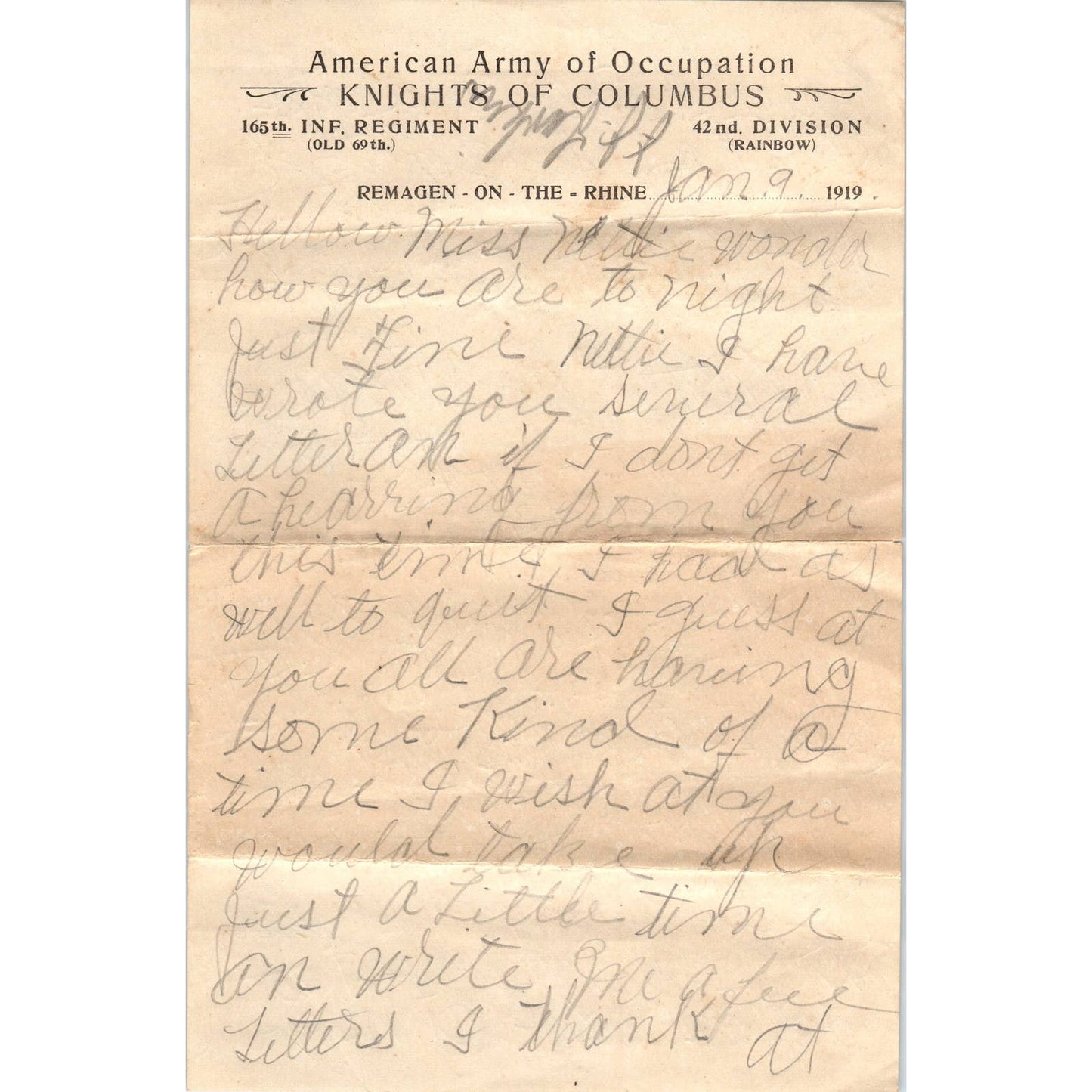 1919 WWI Letter & Envelope 165th Inf. & 42nd Division Remagen on the Rhine AD6