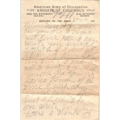 1919 WWI Letter & Envelope 165th Inf. & 42nd Division Remagen on the Rhine AD6