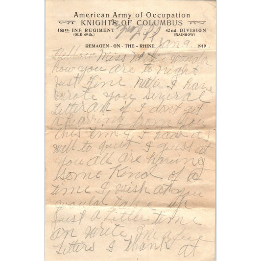 1919 WWI Letter & Envelope 165th Inf. & 42nd Division Remagen on the Rhine AD6