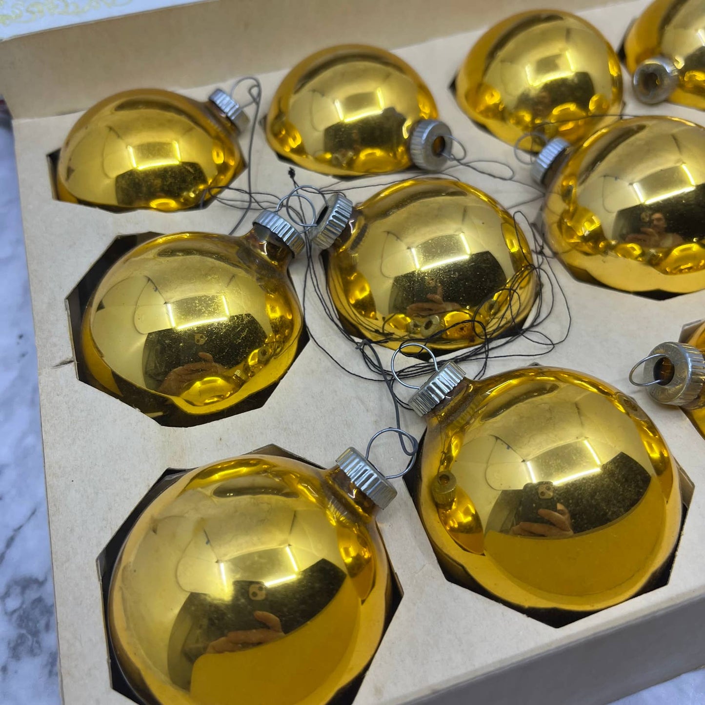 Shiny Brite 12 Vintage 2 1/4" Mercury Glass Ornaments Original Box Gold OT1