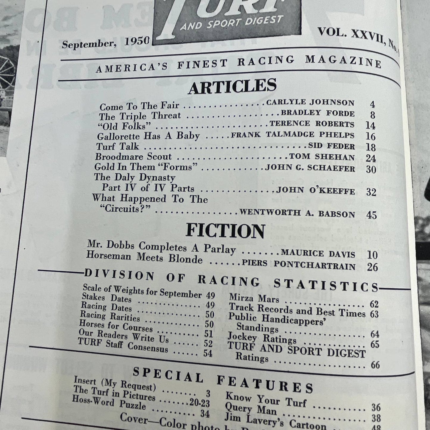 1950 Sept Turf and Sport Magazine Horse Racing The Triple Threat TG6