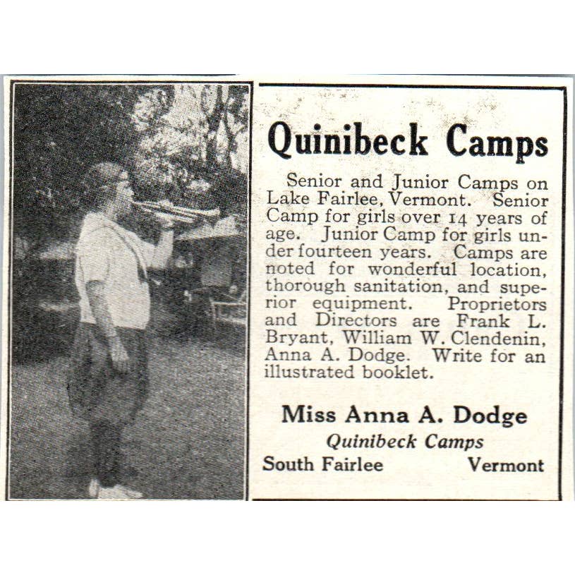 Quinibeck Camps Anna A. Dodge South Fairlee Vermont - 1921 Original Ad TJ7-S8