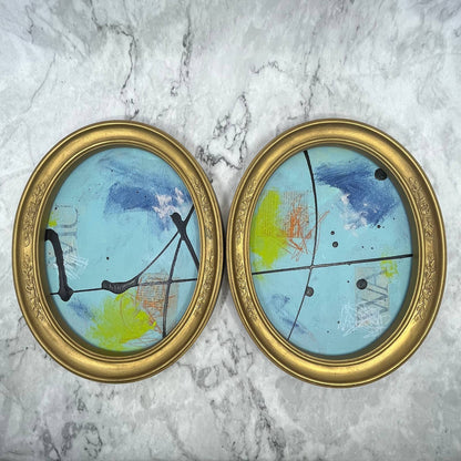 Original Framed Mixed Media Abstract Art Painting PAIR 9x11 “Blue MUWA” With COA
