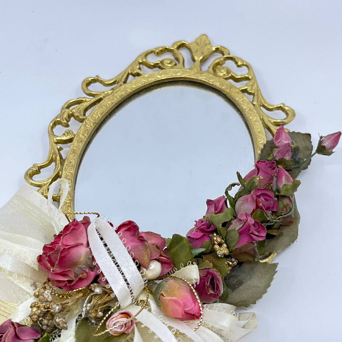 Vintage Lacquered Brass Princess Flower and Lace Vanity Mirror 14” TF3
