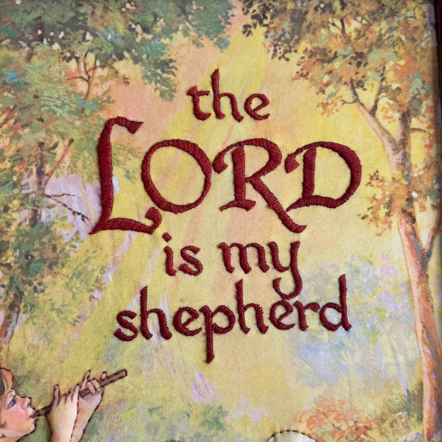 1982 Kitsch Puffy Fabric Embroidery THE LORD IS MY SHEPHERD Picture 13x17”