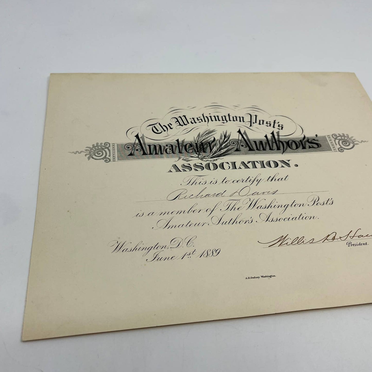 1889 Washington Post Amateur Authors’ Association Certificate Richard Davis AA6