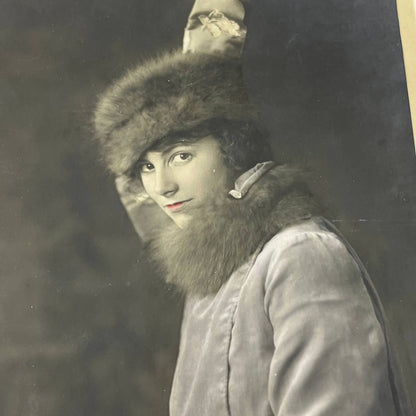 c1915 Hand Tinted Photo Woman in Fur Hat & Muff Bangs Studio NY 10X14 FL4