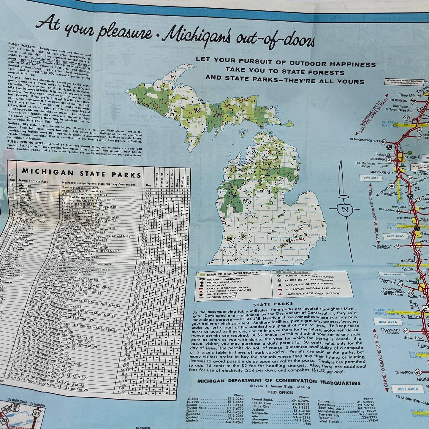 Michigan Official Highway Map 1964 Vintage Travel TG1-2