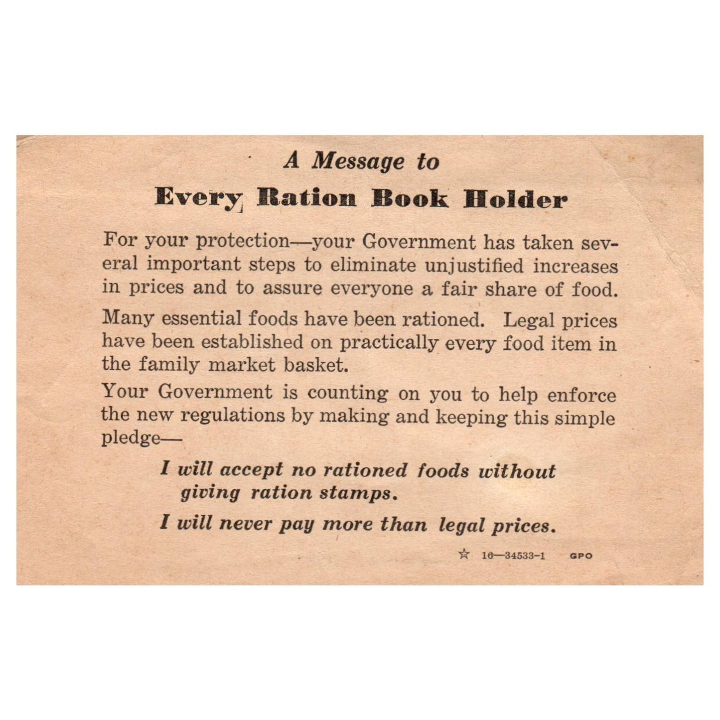 1916 WWI Ration Book Holder Message Card SF3-5
