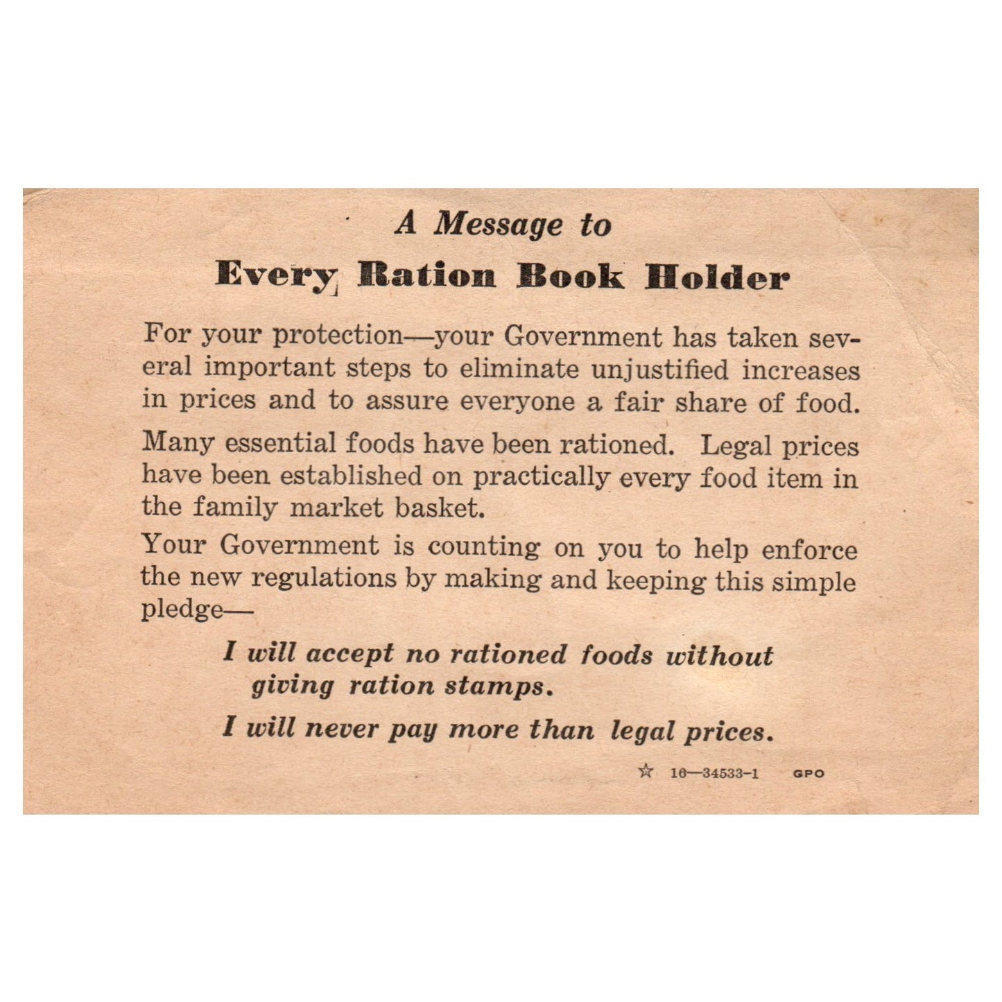 1916 WWI Ration Book Holder Message Card TH2-SF1